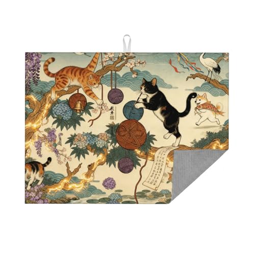 Kitchen Drying Mat for Countertop Oriental Cat Garden Art Pattern Non-Slip Kitchen Counter Mat for Dishes Glassware - color: Beige Teal