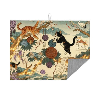 Kitchen Drying Mat for Countertop Oriental Cat Garden Art Pattern Non-Slip Kitchen Counter Mat for Dishes Glassware - color: Beige Teal