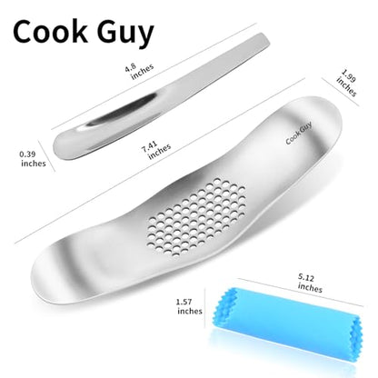 Cook Guy Garlic Press Rocker Set -304 Stainless Steel Premium All-Steel Garlic Mincer, Crusher, Peeler, and Scraper Tool for Effortless Mincing –Dual-Handle Garlic Grinder(B0201) - color: Silver