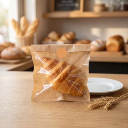 Lurrose 100pcs Kraft Paper Bags: Food Storage Bags with Transparent Window - Reusable for Snack Cookies Bread Candy Treat Cheese Tea 7.9"x7.17"