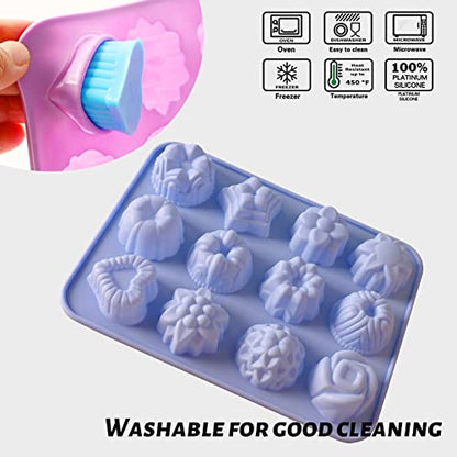 Sakolla 3 Pack Flower Molds Silicone, 12 Cavities Different Shapes Silicone Molds for Chocolate, Cupcake, Candy, Jelly, Ice Cube, Muffin (Pink, Purple, Blue) - color: Flower Shape/3 Colors