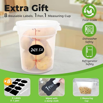 BIEAMA 4 Pack 4 Qt Round Food Storage Containers with Lids, Translucent PP | Include lids, labels, measuring cups and containers with capacity markings for food prep, pantry storage and dough proofing. - color: 4Qt Round-4 Pack