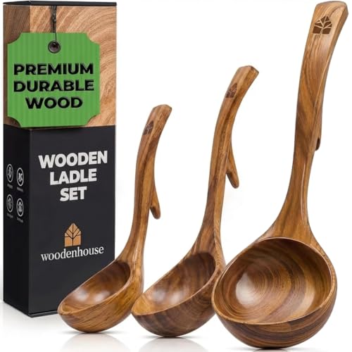 Wooden Ladle for Soup, 3 Size Teak Wood Ladle Spoon with Back Hooks for Pot & Bowl, Non-Stick Wooden Spoon Set for Cooking, Serving and Stirring - size: 3 Size Set