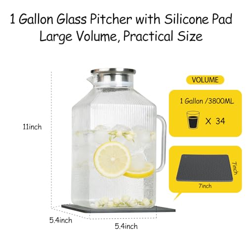 1 Gallon Glass Pitcher with Lid, Square Borosilicate Glass Carafe | Glass Water Pitcher with Handle and Spout for Fridge, Large Jug with Mat for cold & Hot Drinks, Home & Party, Dishwasher Safe