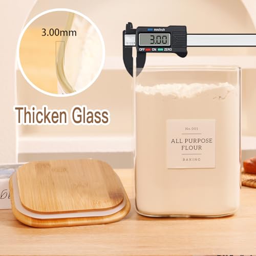 2 Pack large Square Glass Flour and Sugar Containers with 132 Kitchen Pantry Labels - 110 floz & 51 floz - Glass Jars with Airtight Bamboo Lid - Glass Rice Canisters for Coffee, Pasta, Cookie, Cereal - size: 110oz/51oz