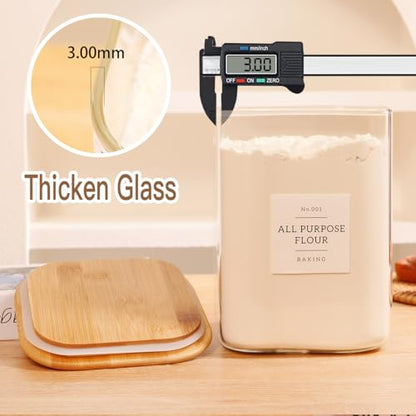 2 Pack large Square Glass Flour and Sugar Containers with 132 Kitchen Pantry Labels - 110 floz & 51 floz - Glass Jars with Airtight Bamboo Lid - Glass Rice Canisters for Coffee, Pasta, Cookie, Cereal - size: 110oz/51oz
