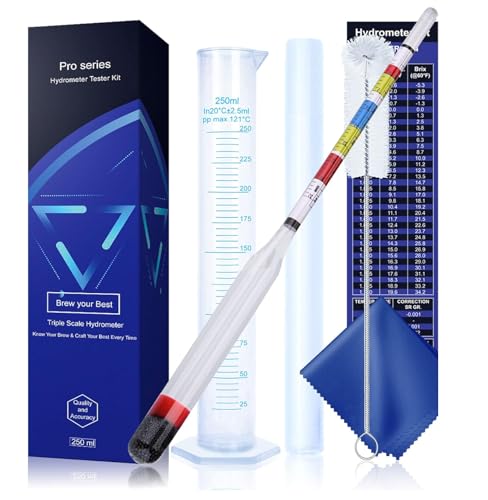 Hydrometer Test Kit, Triple Scale Alcohol Tester Hydrometer for Wine, Beer, Kombucha & Mead, Wine Making Kit, (ABV Tester, Brix, Specific Gravity Hydrometer) + Hydrometer Test Jar for Home Brewing Kit