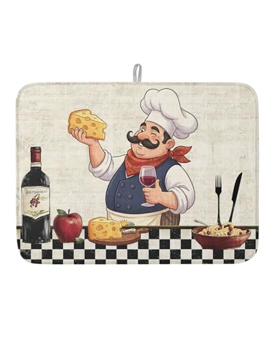 Dish Drying Mat for Kitchen Counter,Smiling Chef Cheese Wine Absorbent Microfiber Drainer Rack Pad Retro Kitchen Art Quick Dry Mat for Sinks Dishes Utensils 18x24in,1 Pack - size: 18x24inx1pcs