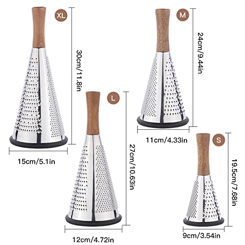Cone Cheese Grater with Handle - Stainless Steel Triple Function Wood Handle Parmesan Shaver Non-Slip Rubber Bottom Hand Held Multifunction Vegetables Cheese Grater with container (M: 9.4" X 4.3") - size: Size M: 9.4" X 4.3"