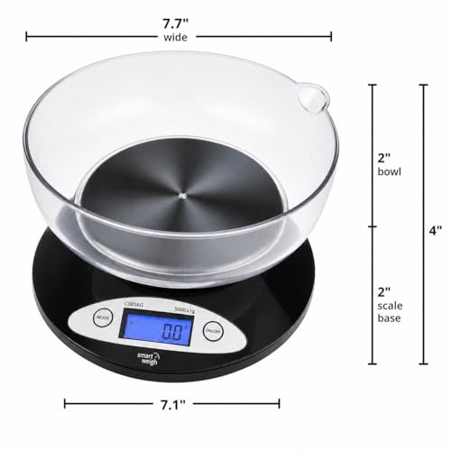 Smart Weigh Digital Kitchen Scale with Removable Bowl – 11lb/5kg Capacity, 0.1oz/1g Precision – High Accuracy Food Scale for Baking, Cooking & Meal Prep (Black)