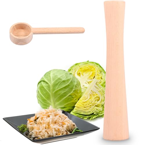 Wood Vegetable Fermentation Tamper 12 Inch Wood Pickle Pounder Sauerkraut Pounder Rod with Measuring Spoon for Fermentation Crock