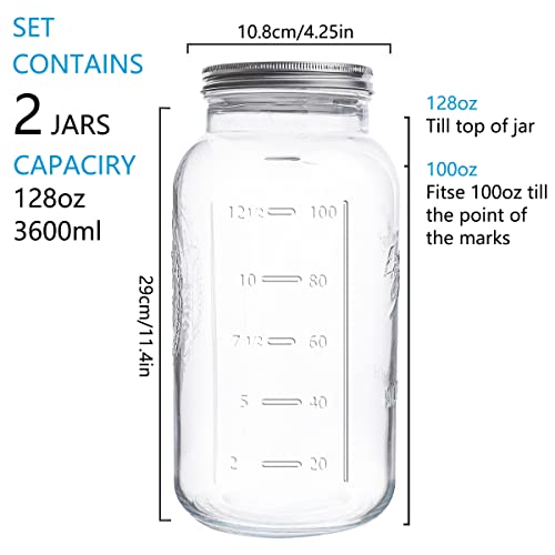 eleganttime 128 oz Mason Jars Extra Wide Mouth 2 Pack, 1 Gallon Glass Large Jars with Airtight Lid, Safe for Food Storage,Curing, Fermentation and Preservation(Not standard wide mouth)