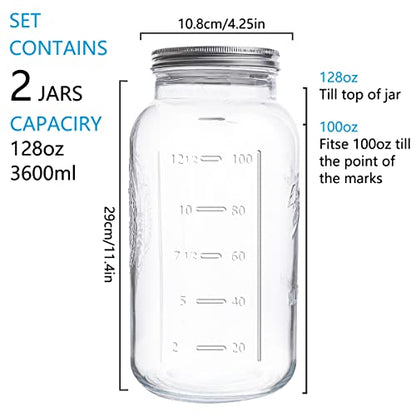 eleganttime 128 oz Mason Jars Extra Wide Mouth 2 Pack, 1 Gallon Glass Large Jars with Airtight Lid, Safe for Food Storage,Curing, Fermentation and Preservation(Not standard wide mouth)