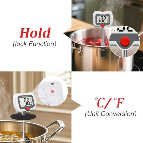 BOMATA Digital Candy Thermometer with Pot Clip, Deep Fry Oil Thermometer with Rotatable Display & Long Probe, for Candy Candle Making, Cooking, Food, Liquids, Water, Sugar.. White - color: White