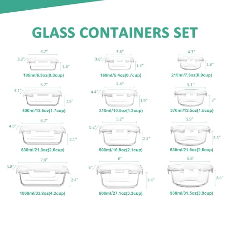 KOMUEE 24 Pieces Glass Food Storage Containers Set, Meal Prep Containers, BPA-Free Airtight Glass Storage Containers with lids,Freezer, Microwave and Oven Safe,White - color: White