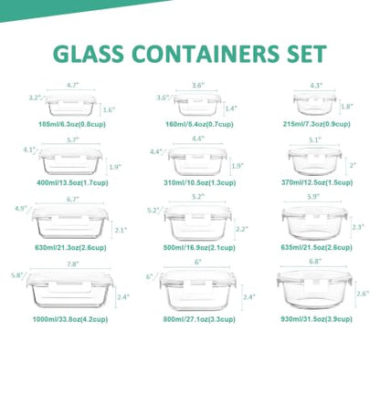 KOMUEE 24 Pieces Glass Food Storage Containers Set, Meal Prep Containers, BPA-Free Airtight Glass Storage Containers with lids,Freezer, Microwave and Oven Safe,White - color: White