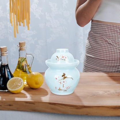 Zerodeko Ceramic Pickle Jar with Dual Lids 2.5l Traditional Sealed Food Storage Crock Vintage Plum Blossom Pattern Fermentation Container for Kimchi and Sauerkraut Household Kitchen