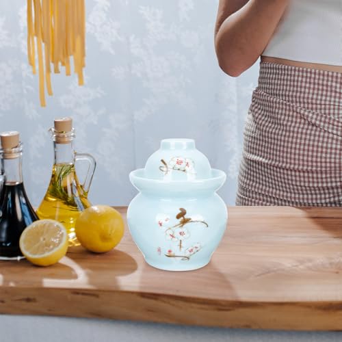 Ceramic Pickle Jar with Double Lid 3l Sauerkraut Storage Jar Traditional Sichuan Kimchi Sealed Crock for Kitchen Food Storage Blue Plum Blossom Pattern
