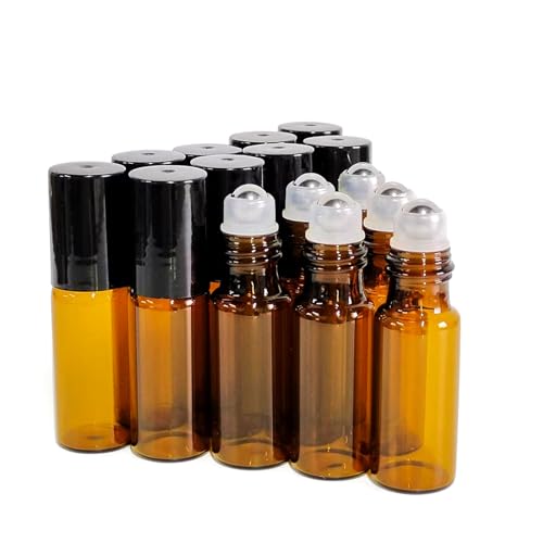 50 PCS 5ml Amber Glass Roller Bottle,Essential Oil Sample Vials with Stainless Steel Roller Ball,Black Caps,for Travel Perfume Cosmetics Small Container(2 Funnels, 2 Dropper, 1 Opener) (5ml) - size: 5ml