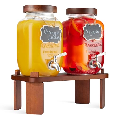 2PCS Large Drink Dispensers for Parties,Glass Beverage Dispenser with Wood Stand,Lemonade Drink Dispenser with Stainless Steel Spigot for Fridge,Water, Juice,Punch,Cocktails,Ice Tea & Sun Tea