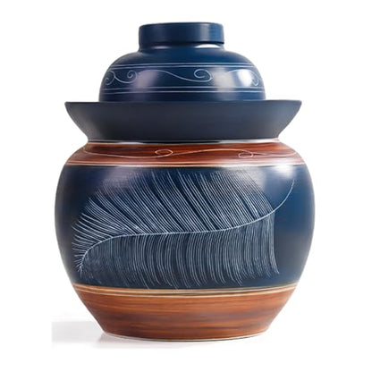 Traditional Chinese Porcelain Pickle Jar, Ceramic Fermenting Jar with Water Seal Airlock Lid, Turnip Kimchi Sauerkraut Fermentation Crock Pickling Pot(3.5kg, BlueC) - color: Bluec, size: 3.5kg