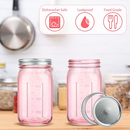 CARBLIN 2 Pack Mason Jars 32 oz, Wide Mouth Canning Jars with Airtight Lids, Glass Pint Jars with Bands Labels Brush, Large Storage Quart Jars for Jam Fermenting Preserving - Pink - color: Pink