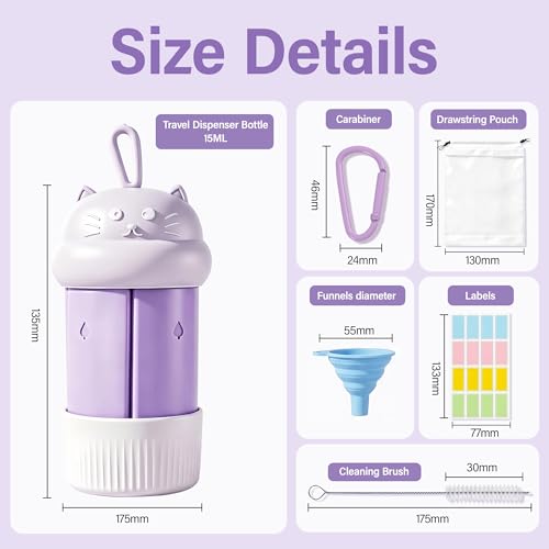 4 in 1 Portable Travel Dispenser Bottle Set (4 x 15 mL) Refillable Leakproof Travel Bottles with Cleaning Brush, Carabiner, Labels, Drawstring Pouch & 4 Funnels for Shampoo, Lotion & Body Wash(Purple) - color: Purple