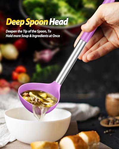 Silicone Pasta Fork and Ladle Spoon Set, Large Non Stick Kitchen Utensils for Cooking,Stirring,Serving Spaghetti, Soup, Sauce (PURPLE) - color: Purple