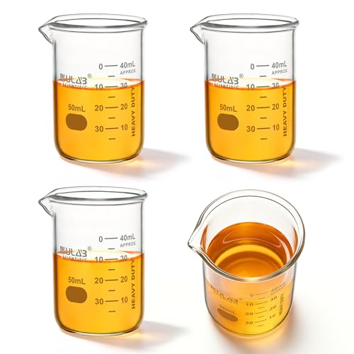 ULAB Glass Beakers Shot Glass, Vol. 50ml, 3.3 Borosilicate Griffin Low form with Printed Graduation, Pack of 4, UBG1019 - style: Vol.50ml, Pack of 4