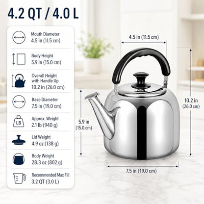 Whistling Stovetop Tea Kettle,Food Grade 316 Stainless Steel,Hot Water Fast to Boil,Stovetop Kettle with Ergonomic Handle,4.2 Quart Capacity
