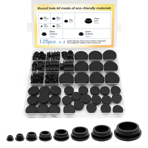 125Pcs Black Rubber Plug Box, Various Sizes of Round Hole Silicone Tool, Rubber Plugs for Round Holes, Silicone Plugs Suitable for Car Wiring Furniture - color: 125pcs