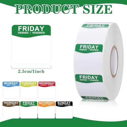Sayglossy 7000 Pcs Day of Week Label Food Label Monday Through Sunday Management Inventory Sticker Removable Weekly Self Adhesive Date Dot Sticker for Restaurant Kitchen Container (Square) - style: Square