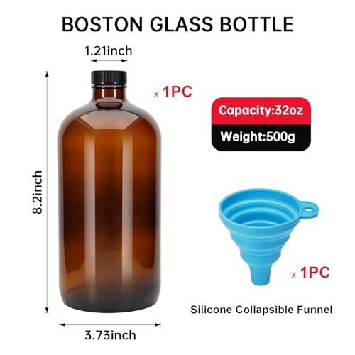 32 oz Amber Glass Boston Bottles with Phenolic Poly Cone Caps. Perfect Glass Brewing Bottles for Lab,Fermentation,Storing Kombucha,Brewing and Juicing. (1)