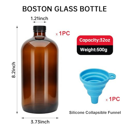 32 oz Amber Glass Boston Bottles with Phenolic Poly Cone Caps. Perfect Glass Brewing Bottles for Lab,Fermentation,Storing Kombucha,Brewing and Juicing. (1)