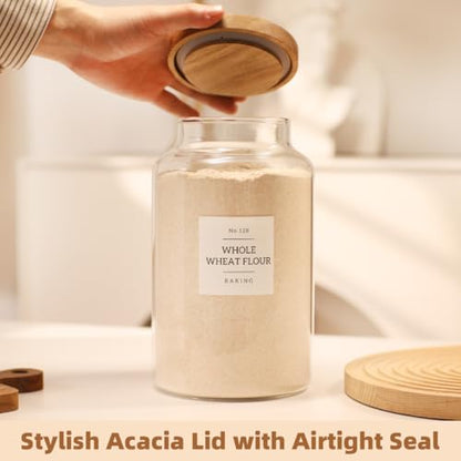2 Pack Large Glass Flour and Sugar Storage Containers with Airtight Acacia Lids and 132 Kitchen Pantey Labels Preprint - 95 LF OZ Borosilicate Glass Canister Sets for Food,Spaghetti,Cookie,Rice - size: 95oz-2 Pack