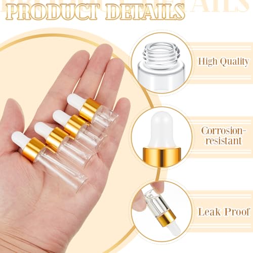 Didaey 100 Pcs 1/2/3/5/10/15 ml Mini Glass Oil Dropper Bottle Bulk, Clear Essential Small Empty Bottles Sample Containers Perfume Liquid Vials with Cap for Traveling (1ml,2ml,3ml,5ml,Champagne Gold) - color: Champagne Gold, size: 1ml, 2ml, 3ml, 5ml
