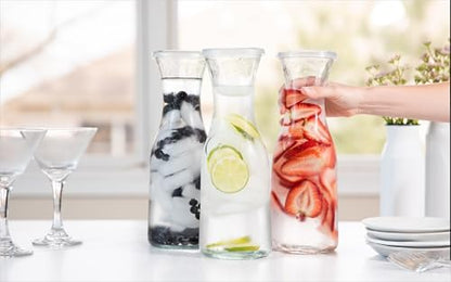 KooK Glass Carafe, Mimosa Bar Supplies, Carafe Pitchers with Lid, Set of 3, Glass Water Pitcher, Drink Dispensers for Parties, Tea, Wine, and Juice, Plastic Lids, Dishwasher Safe, 35 oz - color: Set of 3, 1 Liter