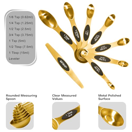 Magnetic Measuring Cups and Spoons Set, Including 7 Stainless Steel Nesting Gold Measuring Cups & 8 Magnetic Gold Measuring Spoons with 1 Leveler for Cooking & Baking