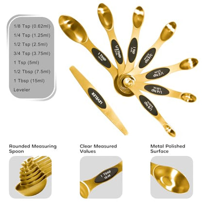 Magnetic Measuring Cups and Spoons Set, Including 7 Stainless Steel Nesting Gold Measuring Cups & 8 Magnetic Gold Measuring Spoons with 1 Leveler for Cooking & Baking