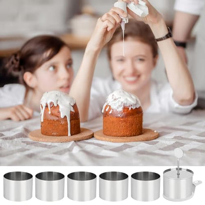6 Pack Cake Ring Molds with 1 Pusher 1 Lifter, 3 Inch Seamless Mini Cheese Cake Cutter Ring Set, Stainless Steel Mini Food Mold for Mousse, Food Plating, Cookies, Baking (Round) - color: Round