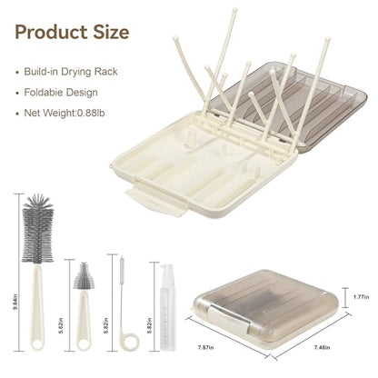 Baby Bottle Cleaning Kit, 6-in-1 Bottle Brush Set with Nipple Brush, Straw Cleaner, Drying Rack and Travel Storage Case