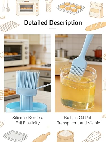 Silicone Pastry Brush with Oil Bottle, Clear Basting Dispenser Jar Set for BBQ Baking Cooking Kitchen, Sauce and Oil Brush Bottle (Blue)