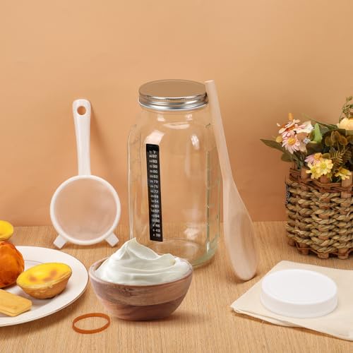Honeydak 8 Pcs Complete Kefir Starter Kit Kombucha Fermenter Kit Half Gallon 64oz Mason Jar Wide Mouth with Plastic Storage Lid Nylon Mesh Strainer Cotton Cloth Cover and Wood Spoon - color: as shown in the picture, size: 64 oz