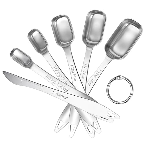 U-Taste Narrow Square Measuring Spoons: 18/8 Stainless Steel Kitchen Measure Teaspoon Tablespoon with Leveler, Polygon Rectangular Metal Jar Scoop for Baking Cooking, Coffee, Spice, Powder (Set of 6) - size: S-5+1 pcs (square)