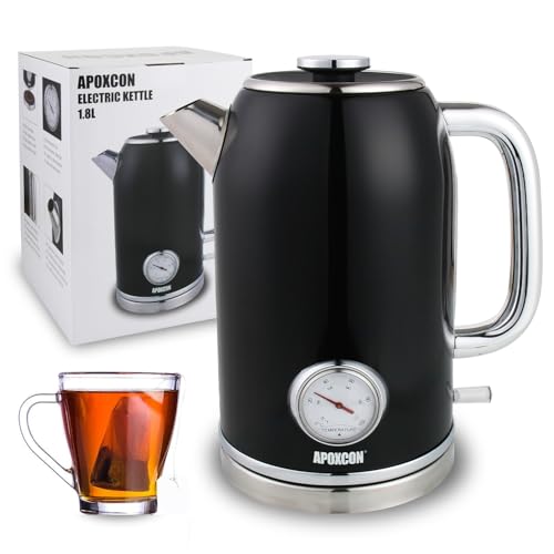 APOXCON Retro Electric Kettle with Thermometer, 1.8L Stainless Steel, Black, Cordless, 1000W Fast Boiling, Automatic Shut Off - color: Black
