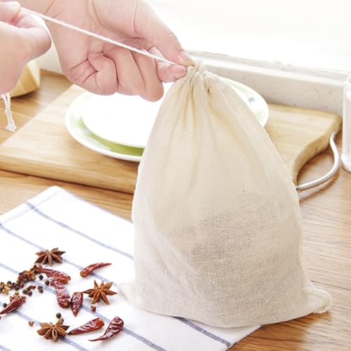 TUZAZO 24 Pcs Muslin Bags with Drawstring 6 x 8 inch, Reusable Spice Bags for Cooking Soup, Natural Cotton Unbleached Cheesecloth Bag for Straining, Bone Broth Brew Herb Sachet Bag Empty - size: 6x8 inch, 24 pcs