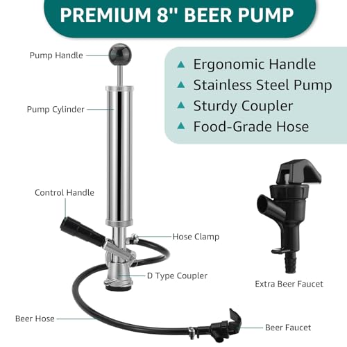 8" Keg Tap Pump - American D-System Beer Keg Tap, Party Beer Keg Hand Pump Tap Kit, Beer Picnic Tap Dispenser for Home Bar, Kegerator Beer Pump with 2 Beer Faucet, Beer Hose and 2 Hose Clamps