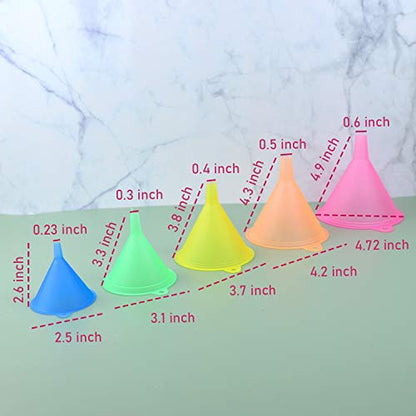 AUEAR, Candy Colors Plastic Funnel Set for Quick and Clean Transferring Kitchen Liquid Spices Powder Cosmetic Lotion Essential Oils Food Grade 5 Different Sizes (5 Pcs)