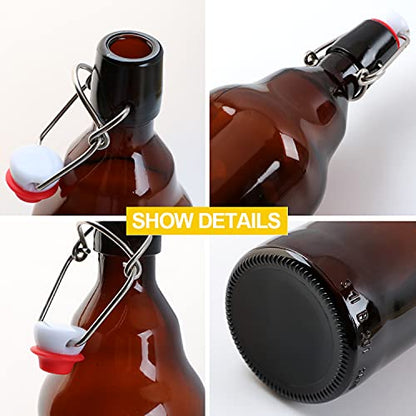 Amber Glass Bottles With Air Tight Lids 32 oz, Easy Cap for Beer and Home Brewing, Kombucha With Stoppers, Swing Top for Beverages 8 Pack