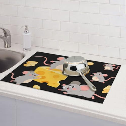 Dish Drying Mat for Kitchen Counter, 18" x 24" Microfiber Dishes Drainer Mats Super Absorbent Kitchen Drying Mat Cute Mouse cheese Dish Rack Pad for Utensils, Countertops, Sinks